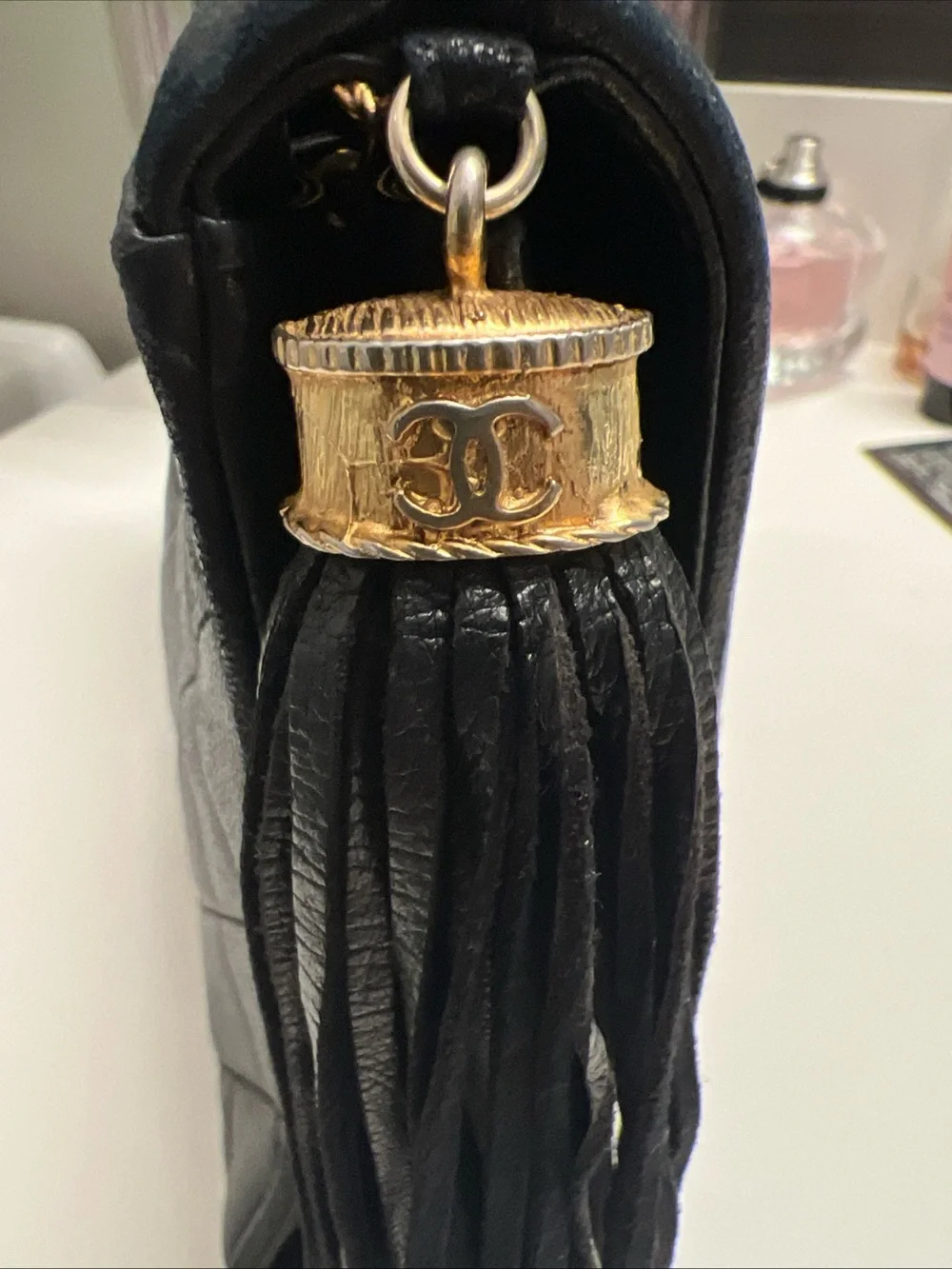 Vintage Chanel Black Lambskin Tassel Flap Bag 24k Gold HW - Black card/dust bag
